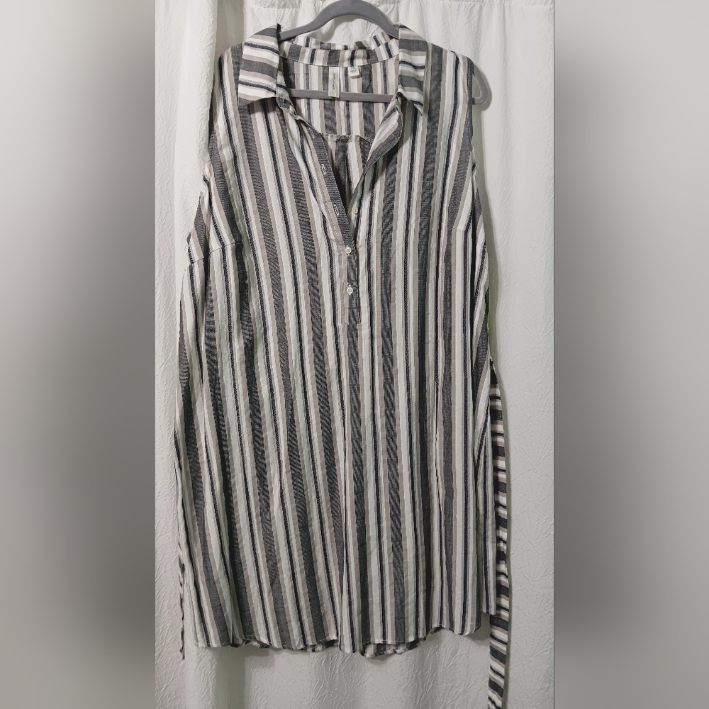 Tacera 100% Cotton Midi Dress Striped White/ Gray Size 2X Button Down